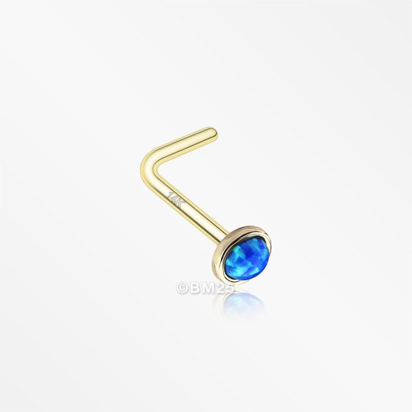 14 Karat Gold Fire Opal Bezel Set L-Shaped Nose Ring - Picture 5 of 5